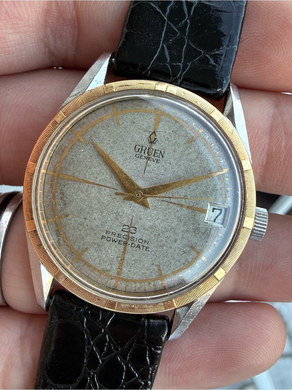 Vintage 1950’s 14k gold & Steel Gruen Genève Presicion Power 34mm
